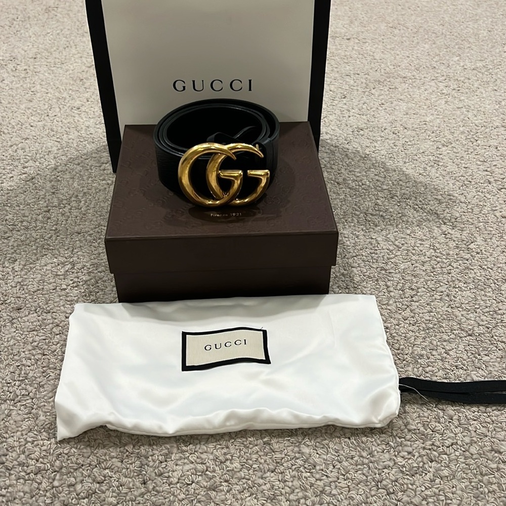 Gucci GG Marmont wide black leather belt with gold buckle